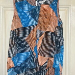 Chaus Blue and Orange Geometric Sleeveless Blouse